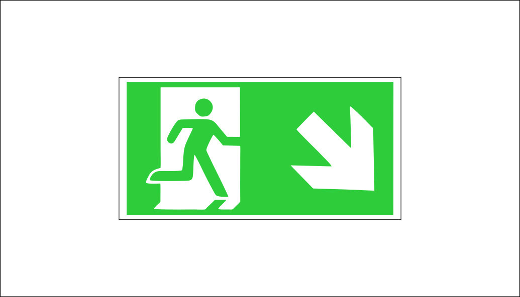 "EMERGENCY EXIT/EVACUATION ROUTE - DOWN AND RIGHT" SIGN