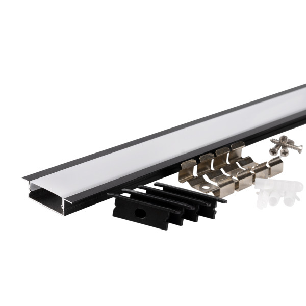 АЛУМИНИЕВ ПРОФИЛ ЗА LED ЛЕНТА ЧЕРНО ТЯЛО/БЯЛ РАЗСЕЙВАТЕЛ 2m 41х10mm ЗА ВГРАЖДАНЕ