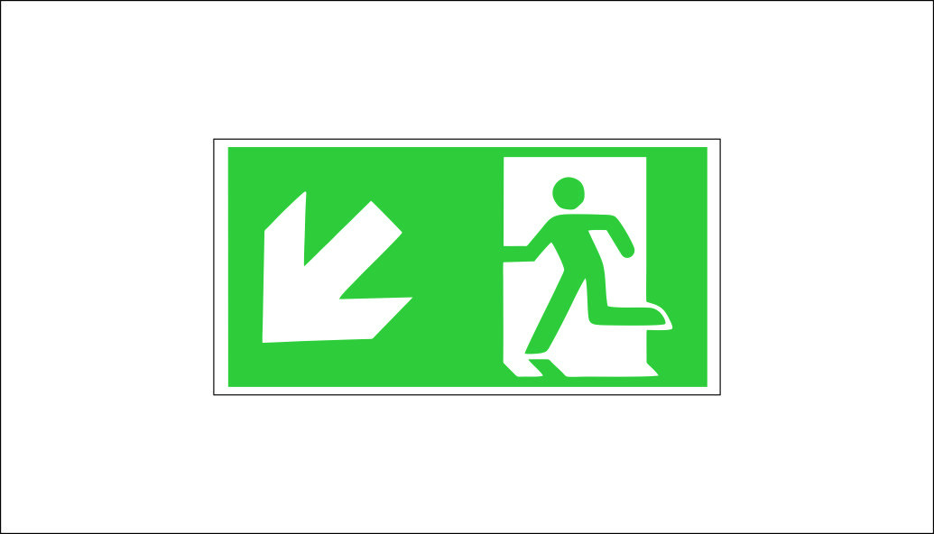 "EMERGENCY EXIT/EVACUATION ROUTE - DOWN AND LEFT" SIGN